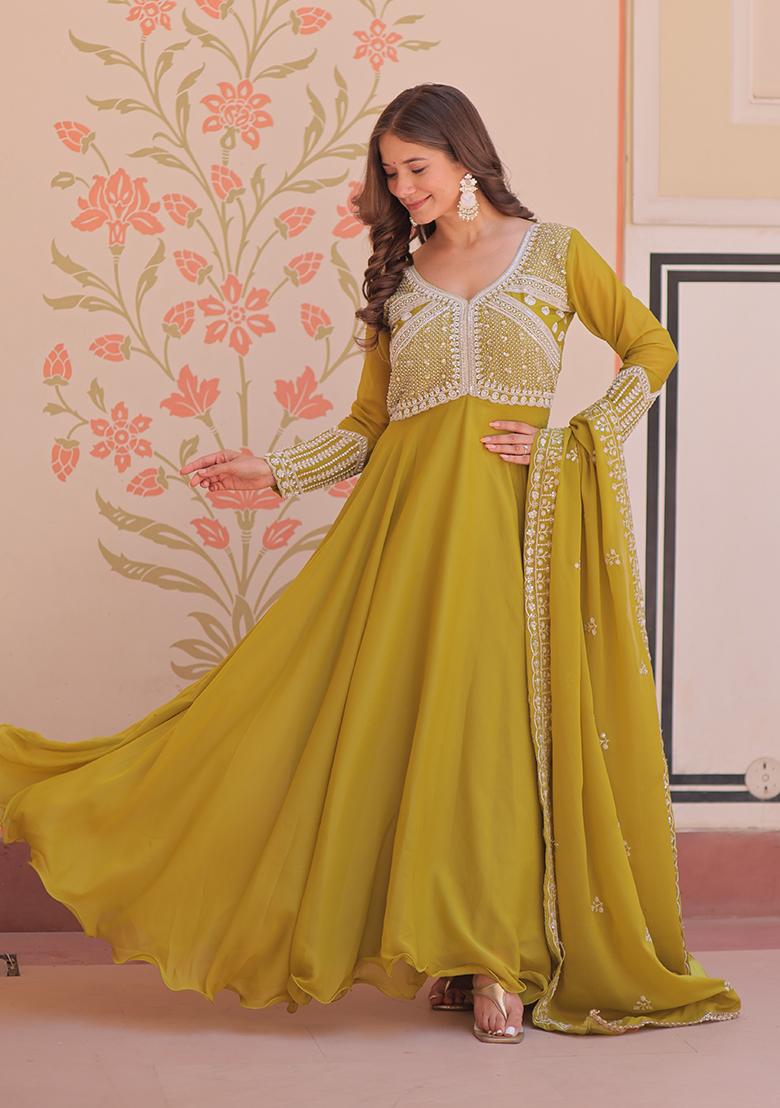 Mehendi Embroidered Georgette Anarkali With Dupatta - Indya