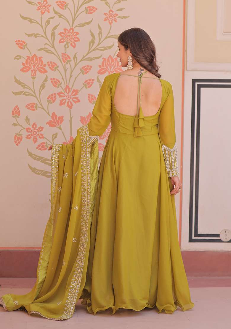Mehendi Embroidered Georgette Anarkali With Dupatta - Indya