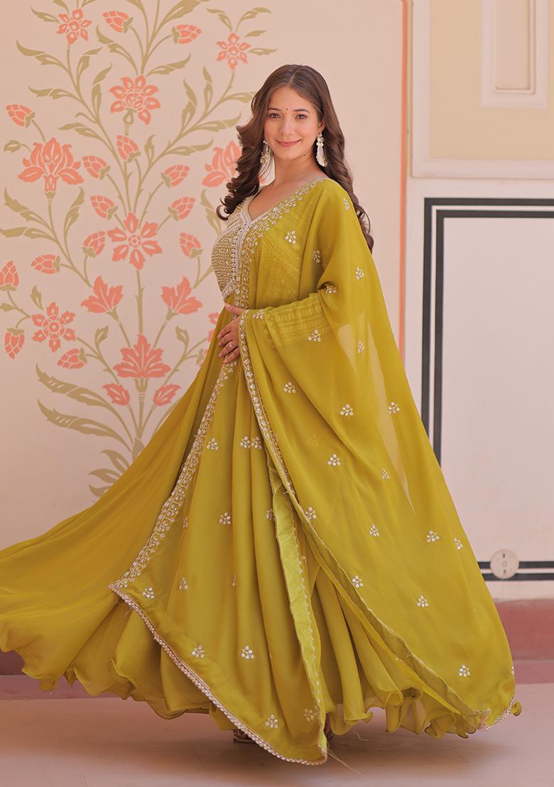Mehendi Embroidered Georgette Anarkali With Dupatta - Indya