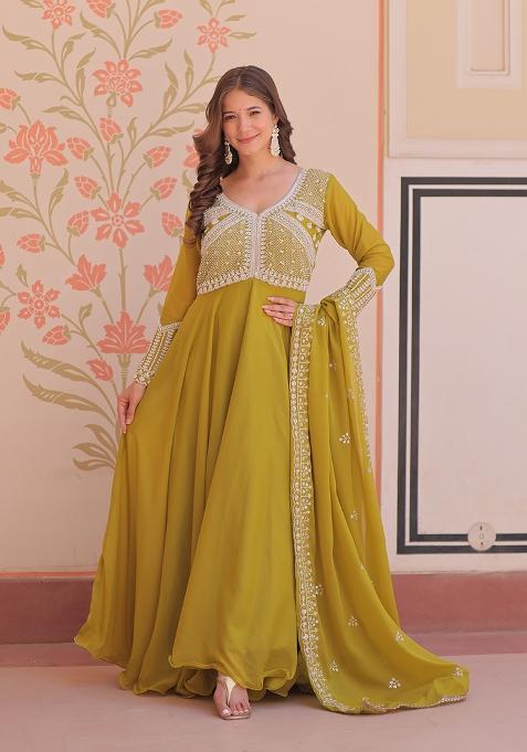 Mehendi Embroidered Georgette Anarkali With Dupatta