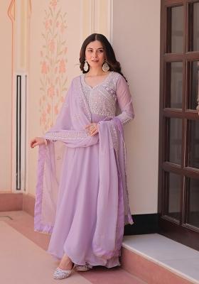 Lavender Embroidered Georgette Anarkali With Dupatta