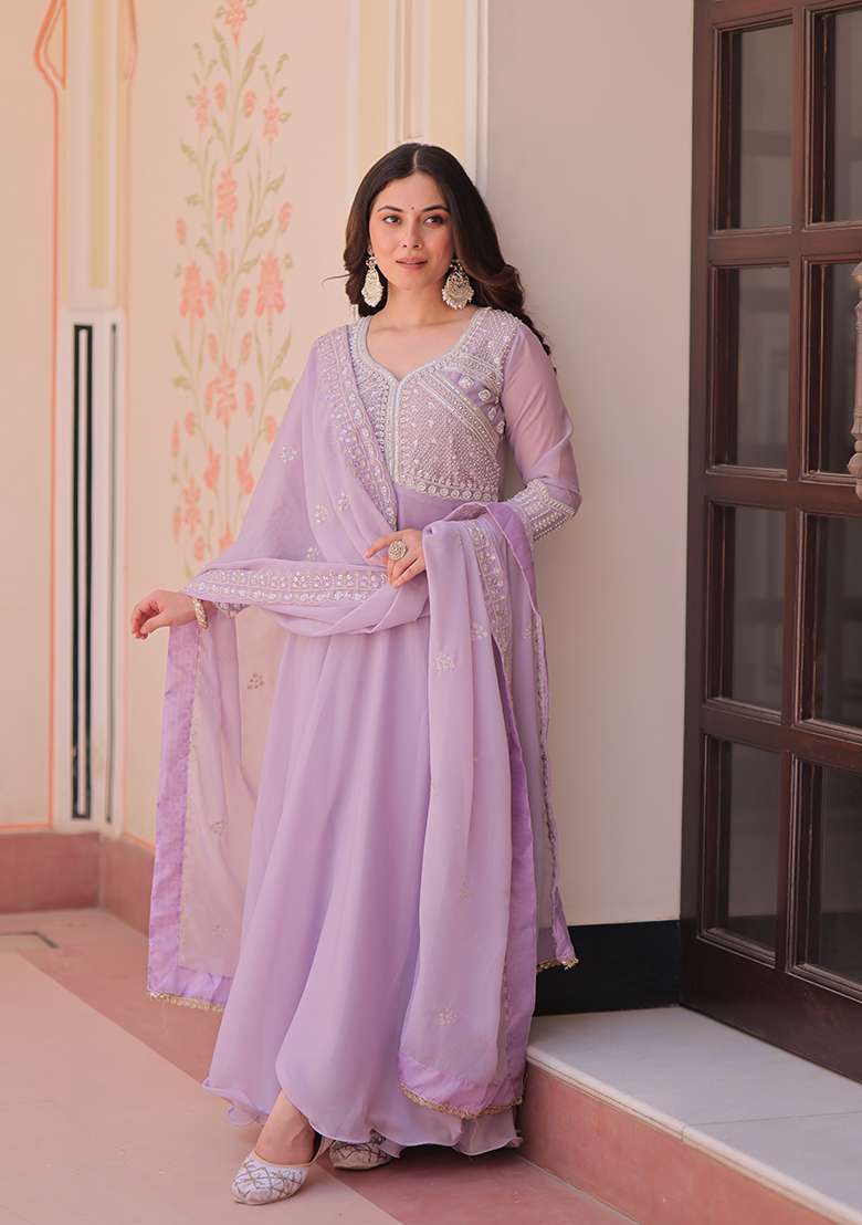 Lavender Embroidered Georgette Anarkali With Dupatta - Indya