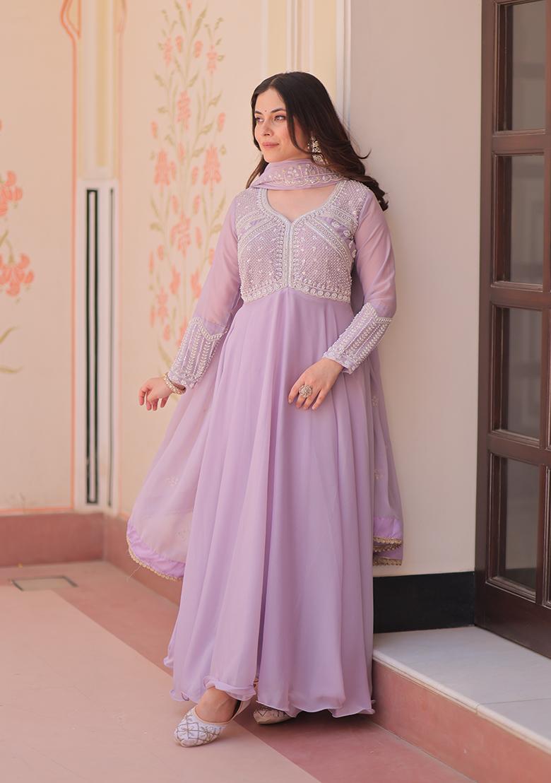 Lavender Embroidered Georgette Anarkali With Dupatta - Indya