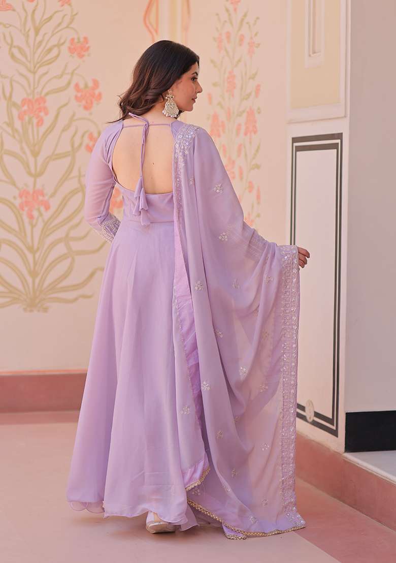 Lavender Embroidered Georgette Anarkali With Dupatta - Indya