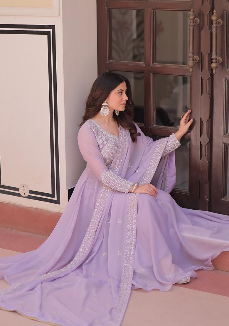 Lavender Embroidered Georgette Anarkali With Dupatta - Indya