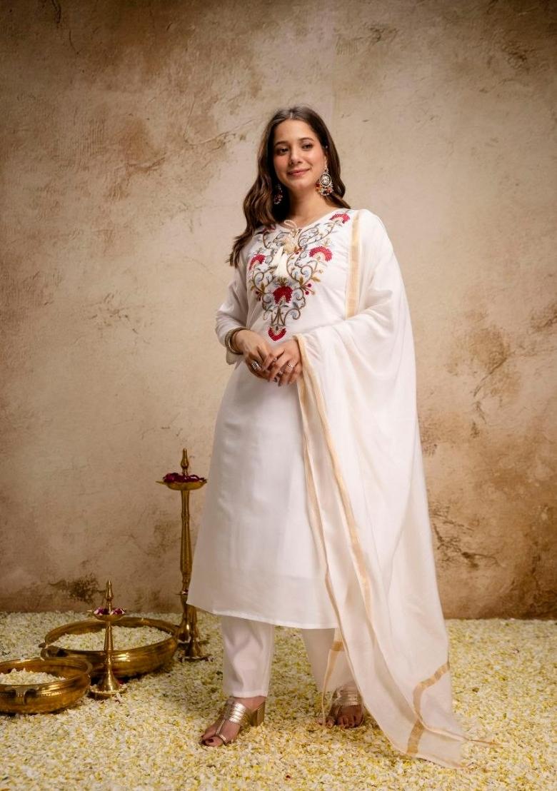 White Embroidered Chanderi Kurta Set - Indya