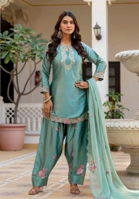 Sky Light Embroidered Satin Kurta Set
