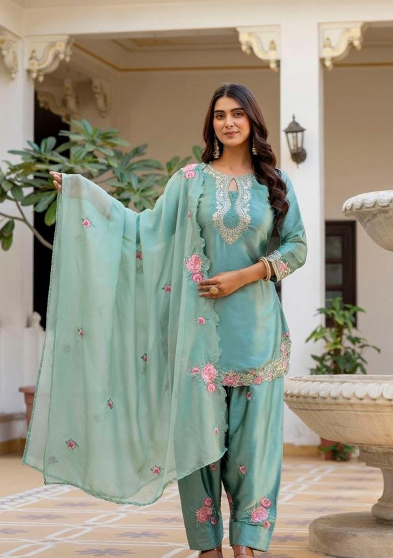 Sky Light Embroidered Satin Kurta Set - Indya