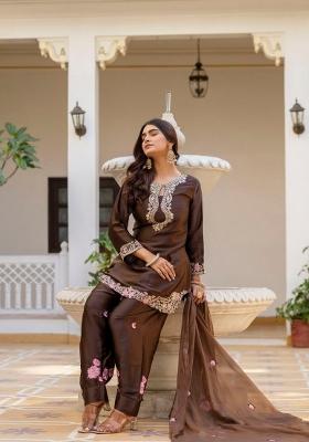 Brown Embroidered Satin Kurta Set