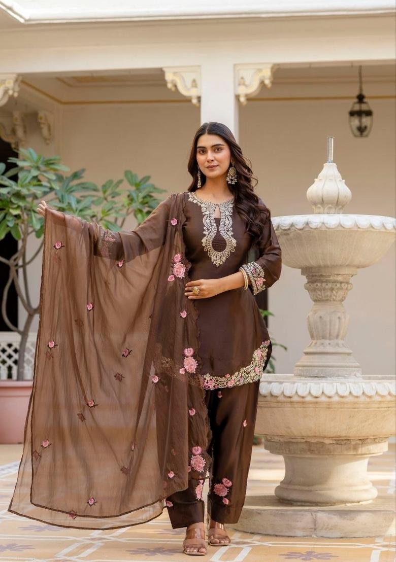 Brown Embroidered Satin Kurta Set - Indya