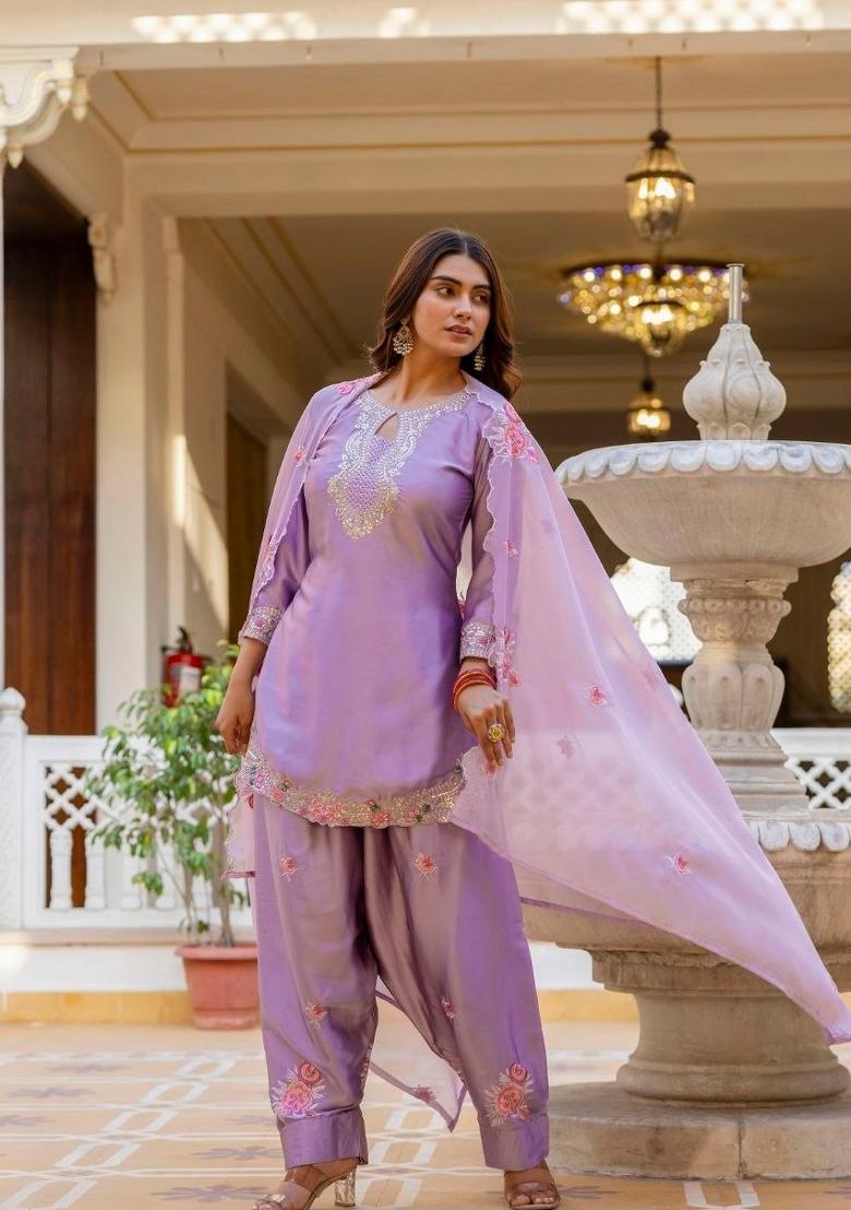 Lavender Embroidered Satin Kurta Set - Indya