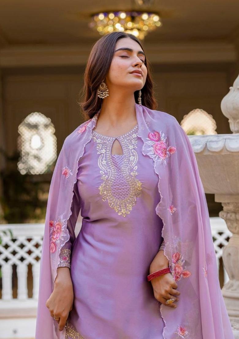 Lavender Embroidered Satin Kurta Set - Indya