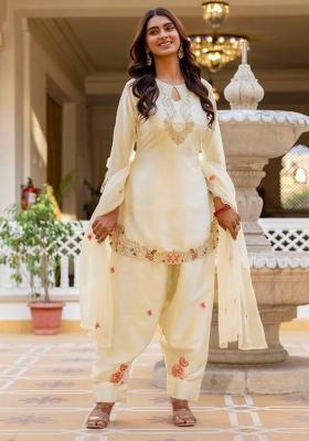White And Golden Embroidered Satin Kurta Set