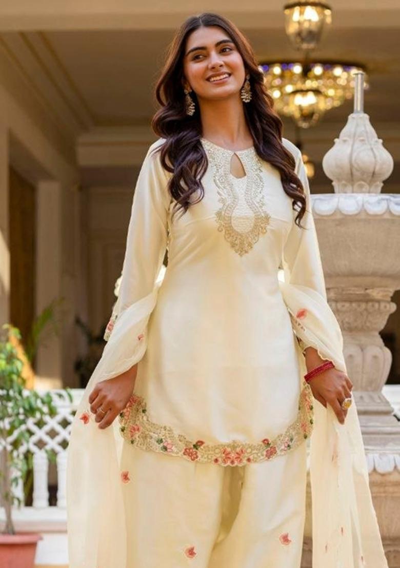 White And Golden Embroidered Satin Kurta Set - Indya