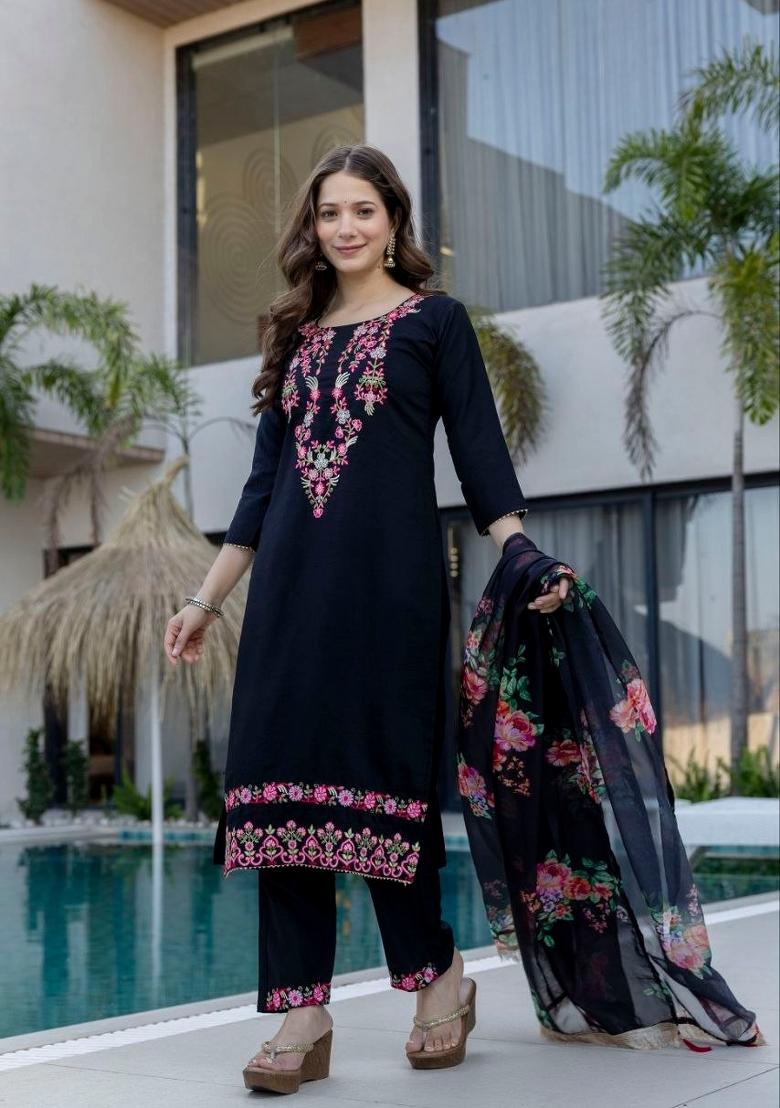 Black Embroidered Chinon Kurta Set - Indya