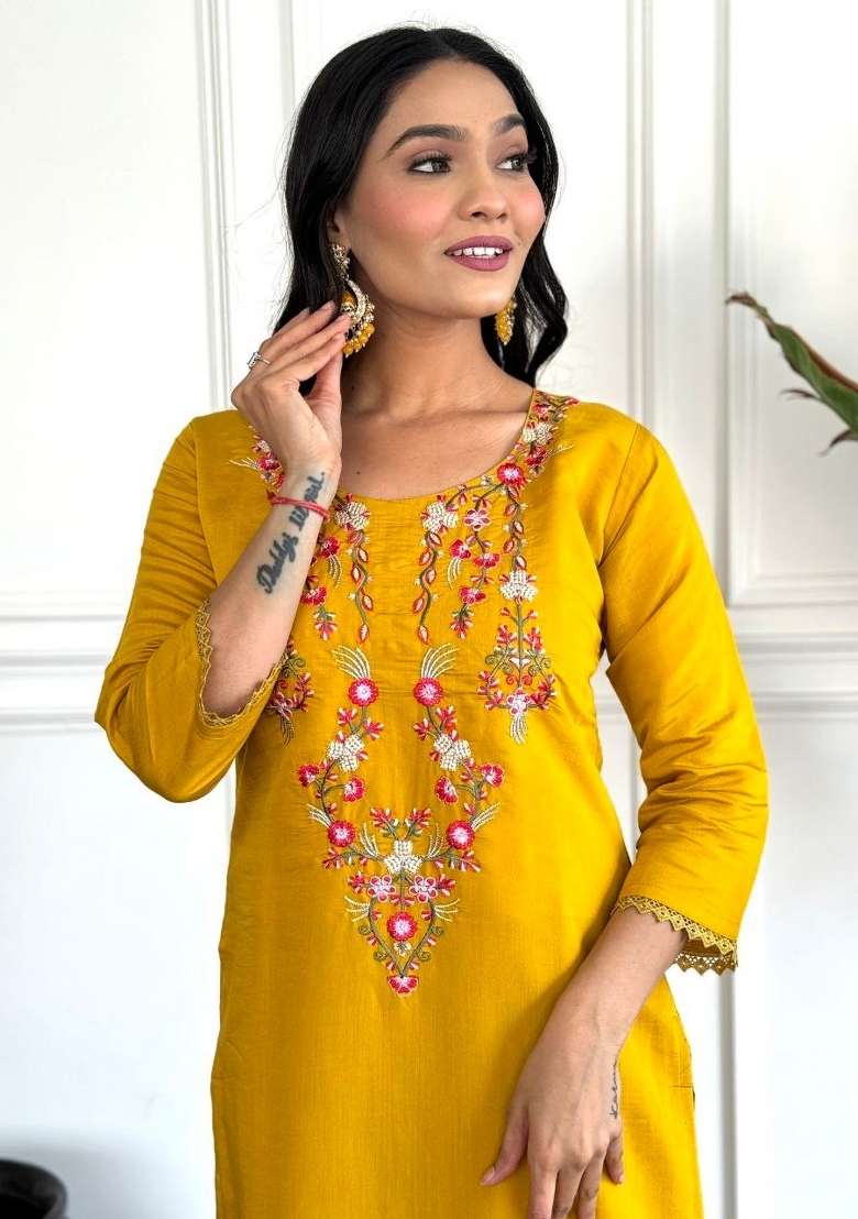 Yellow Embroidered Chinon Kurta Set - Indya