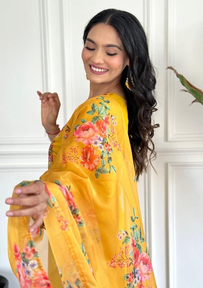 Yellow Embroidered Chinon Kurta Set - Indya
