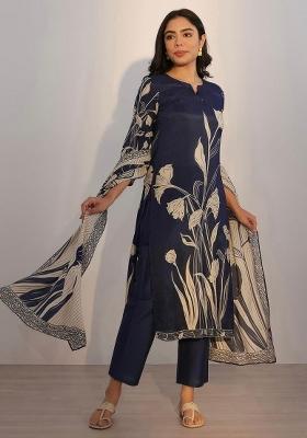 Navy Blue Embroidered Silk Blend Kurta Set