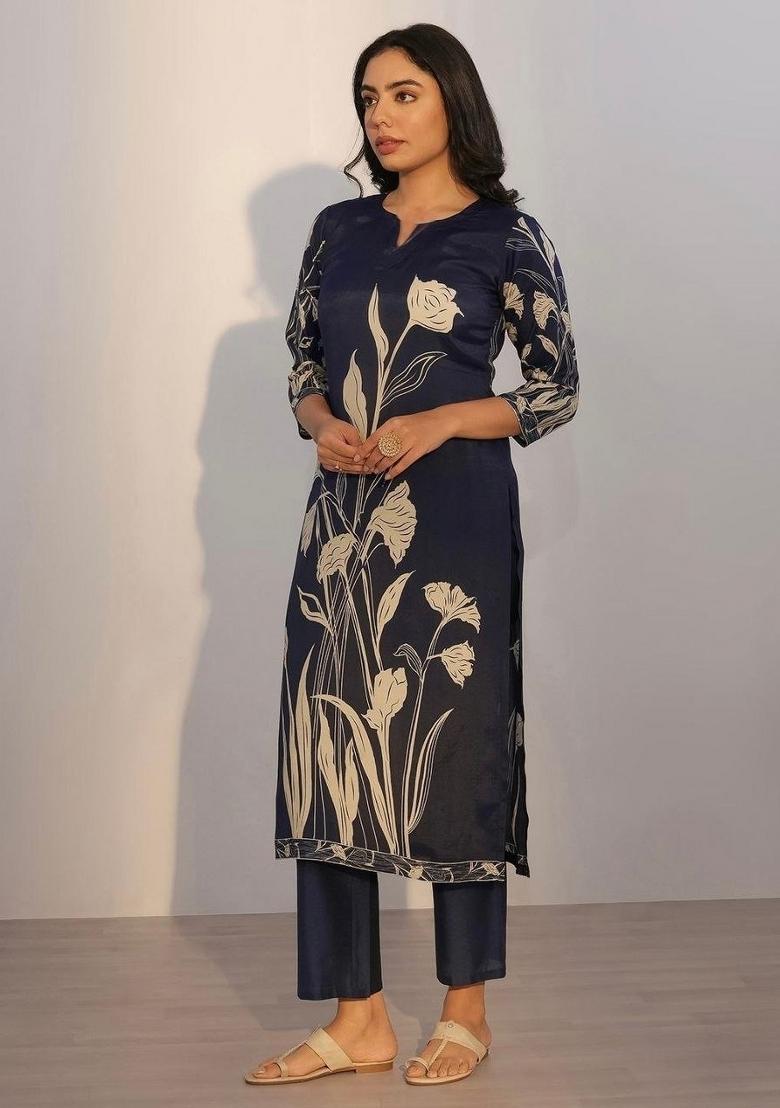 Navy Blue Embroidered Silk Blend Kurta Set - Indya