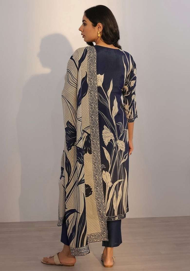 Navy Blue Embroidered Silk Blend Kurta Set - Indya