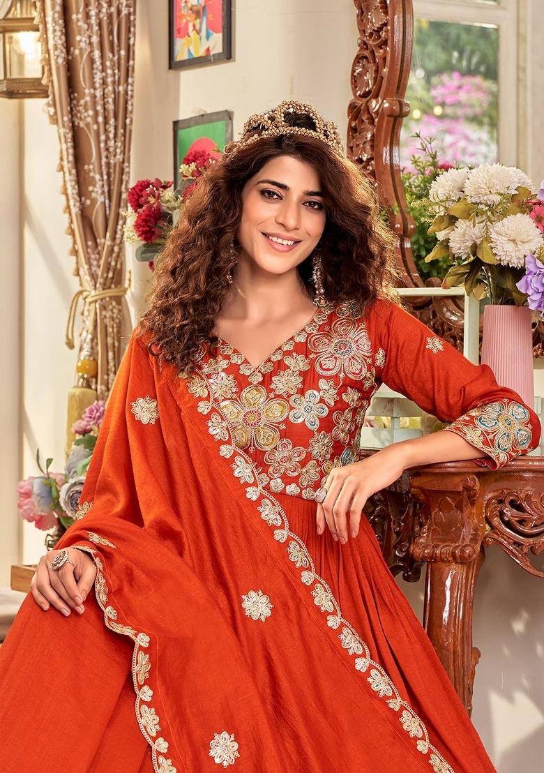 Orange Embroidered Vichitra Anarkali With Dupatta - Indya