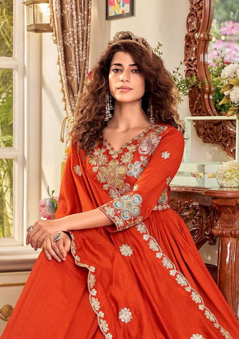 Orange Embroidered Vichitra Anarkali With Dupatta - Indya