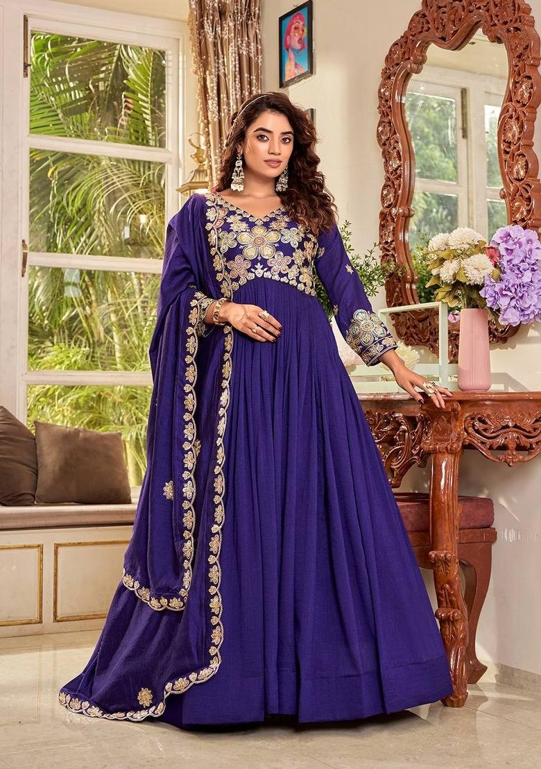Dark Blue Embroidered Vichitra Anarkali With Dupatta - Indya