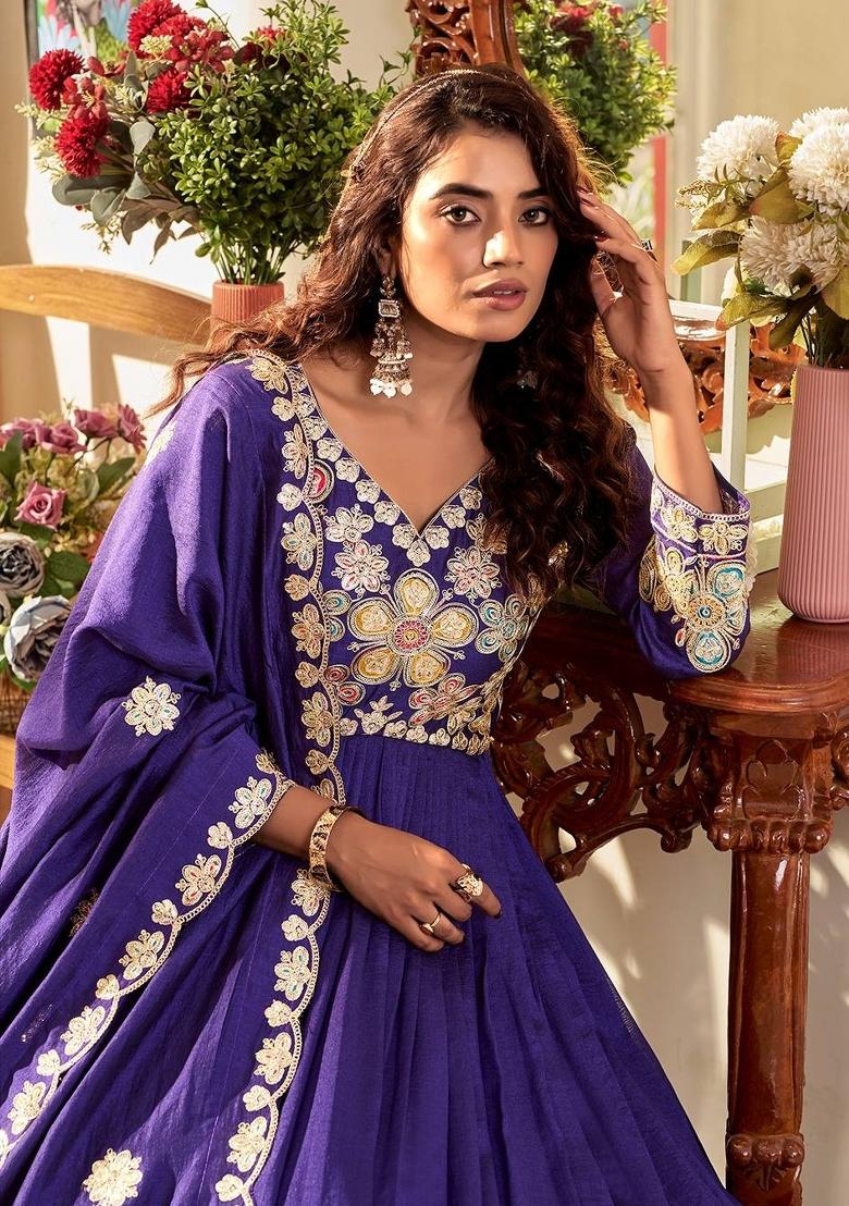 Dark Blue Embroidered Vichitra Anarkali With Dupatta - Indya