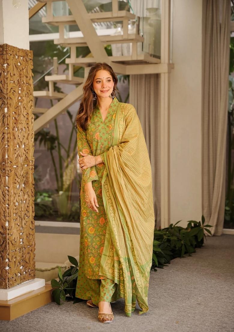Olive Printed Cotton Kurta Set - Indya