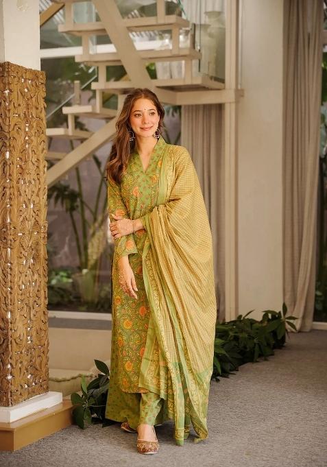 Olive Printed Cotton Kurta Set