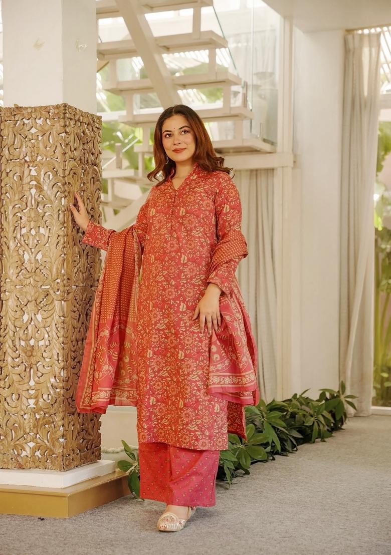 Magenta Printed Cotton Kurta Set - Indya
