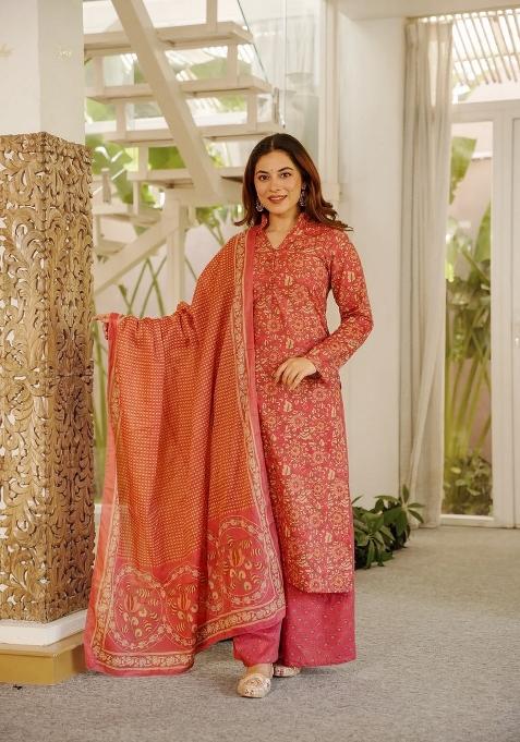Magenta Printed Cotton Kurta Set