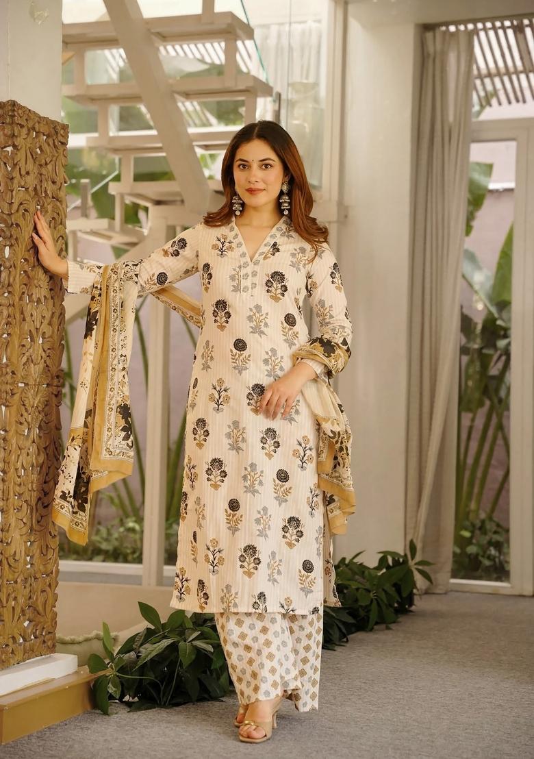 Off White Printed Cotton Kurta Set - Indya