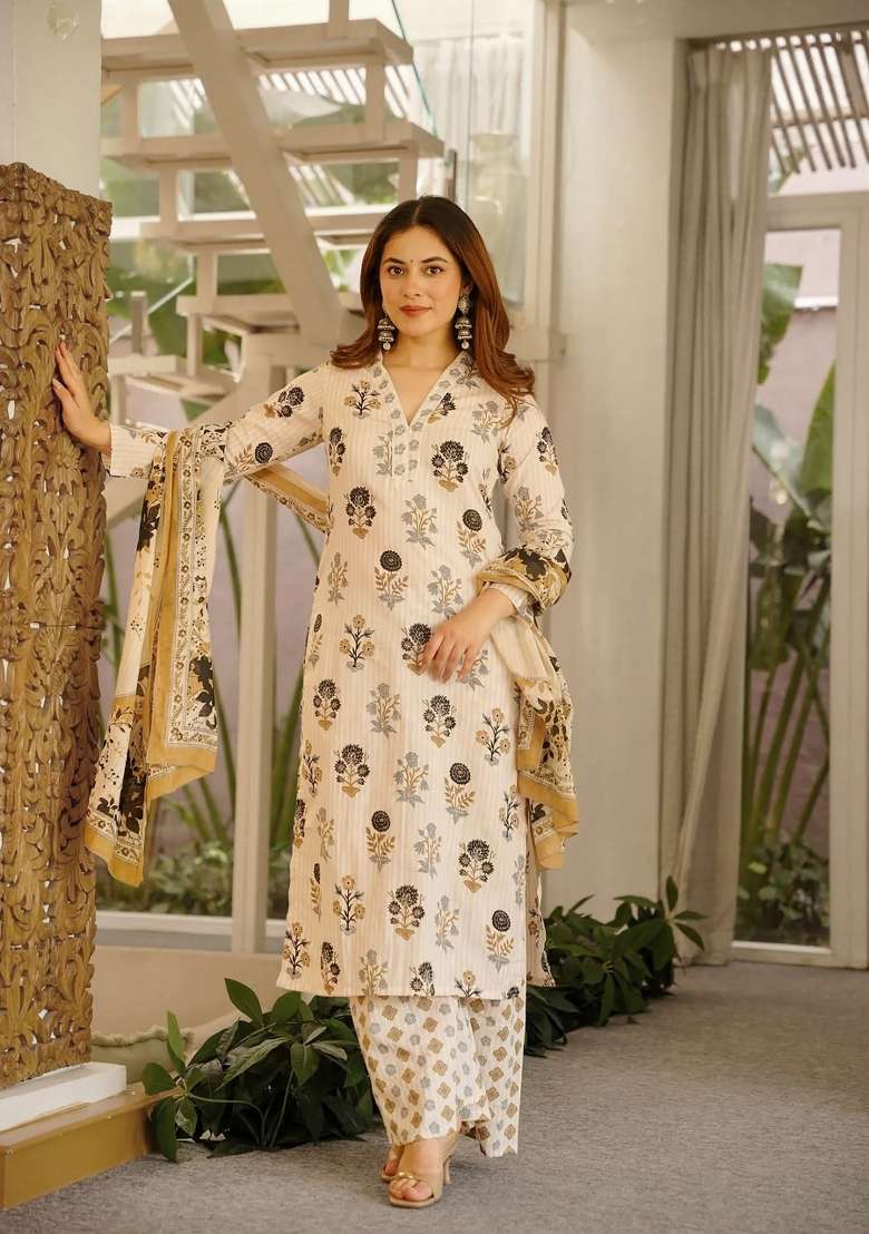 Off White Printed Cotton Kurta Set - Indya