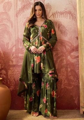 Green Sequins Work Silk Blend Kurta Set