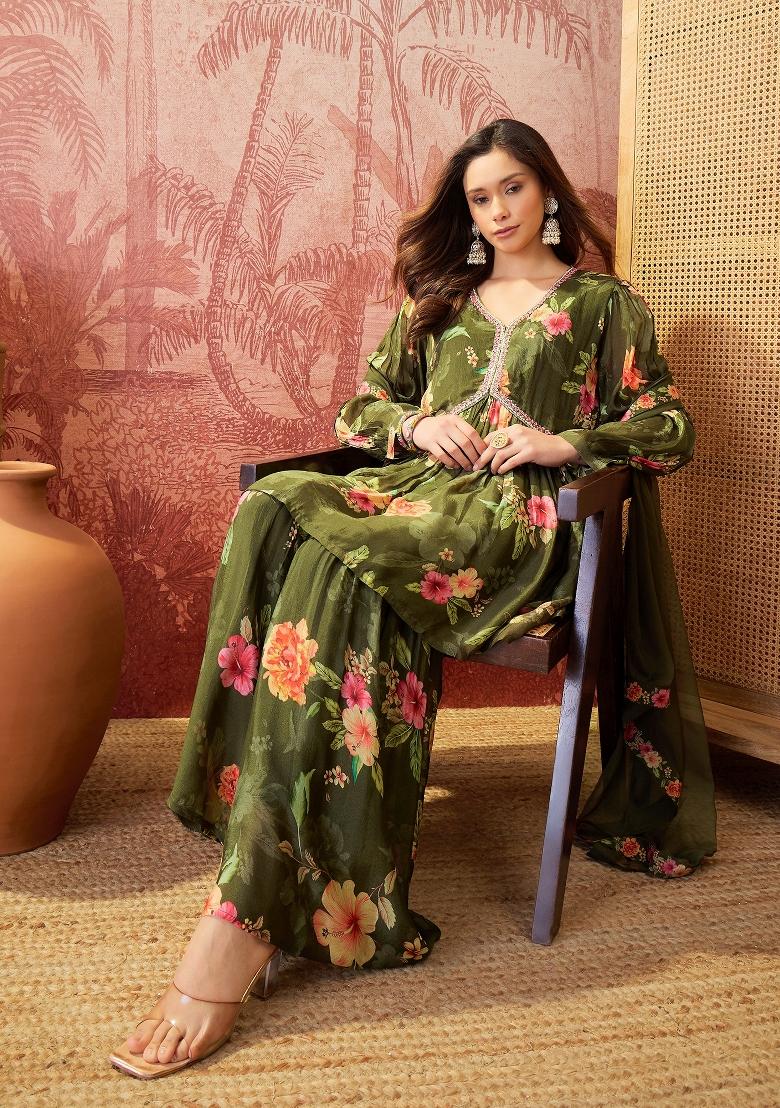 Green Sequins Work Silk Blend Kurta Set - Indya