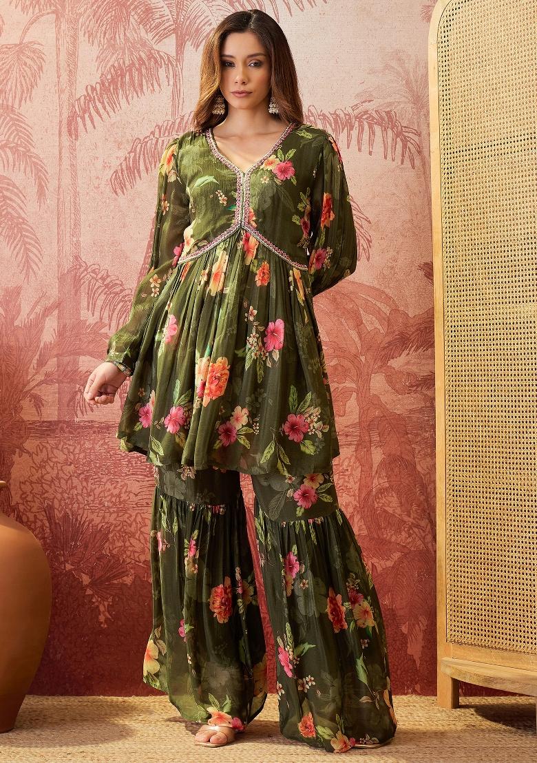 Green Sequins Work Silk Blend Kurta Set - Indya