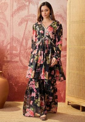 Black Sequins Work Silk Blend Kurta Set