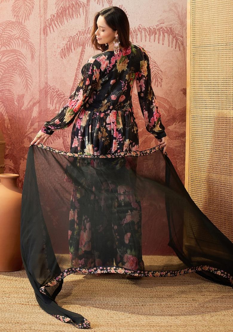 Black Sequins Work Silk Blend Kurta Set - Indya