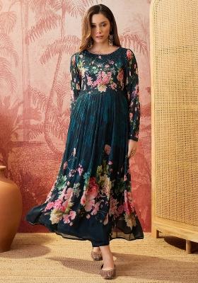 Teal Sequins Work Silk Blend Kurta Set
