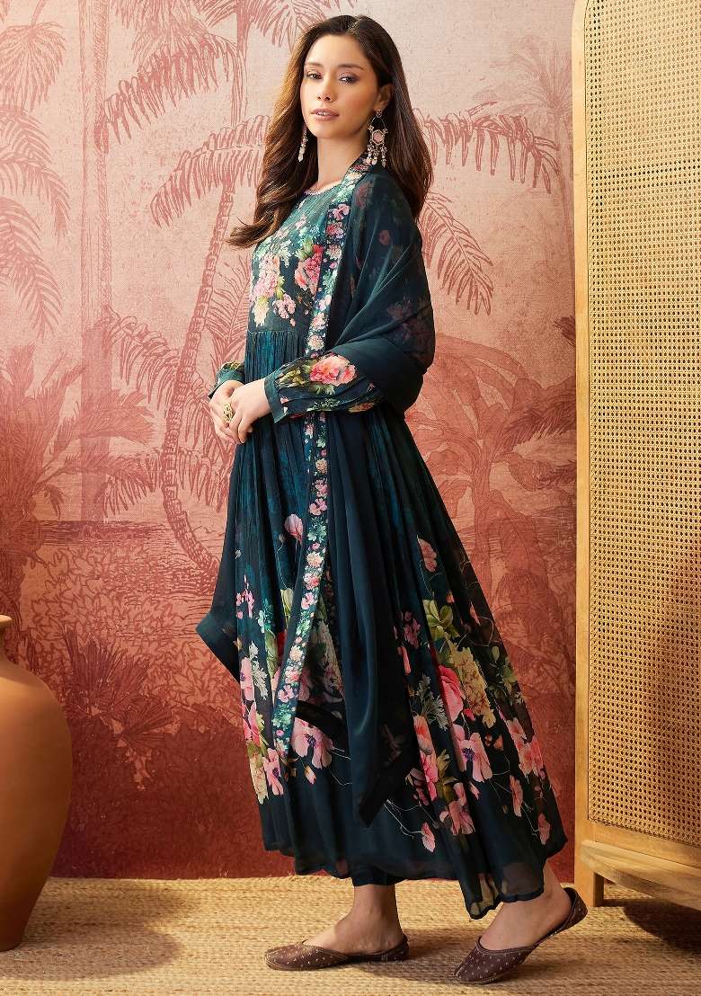 Teal Sequins Work Silk Blend Kurta Set - Indya