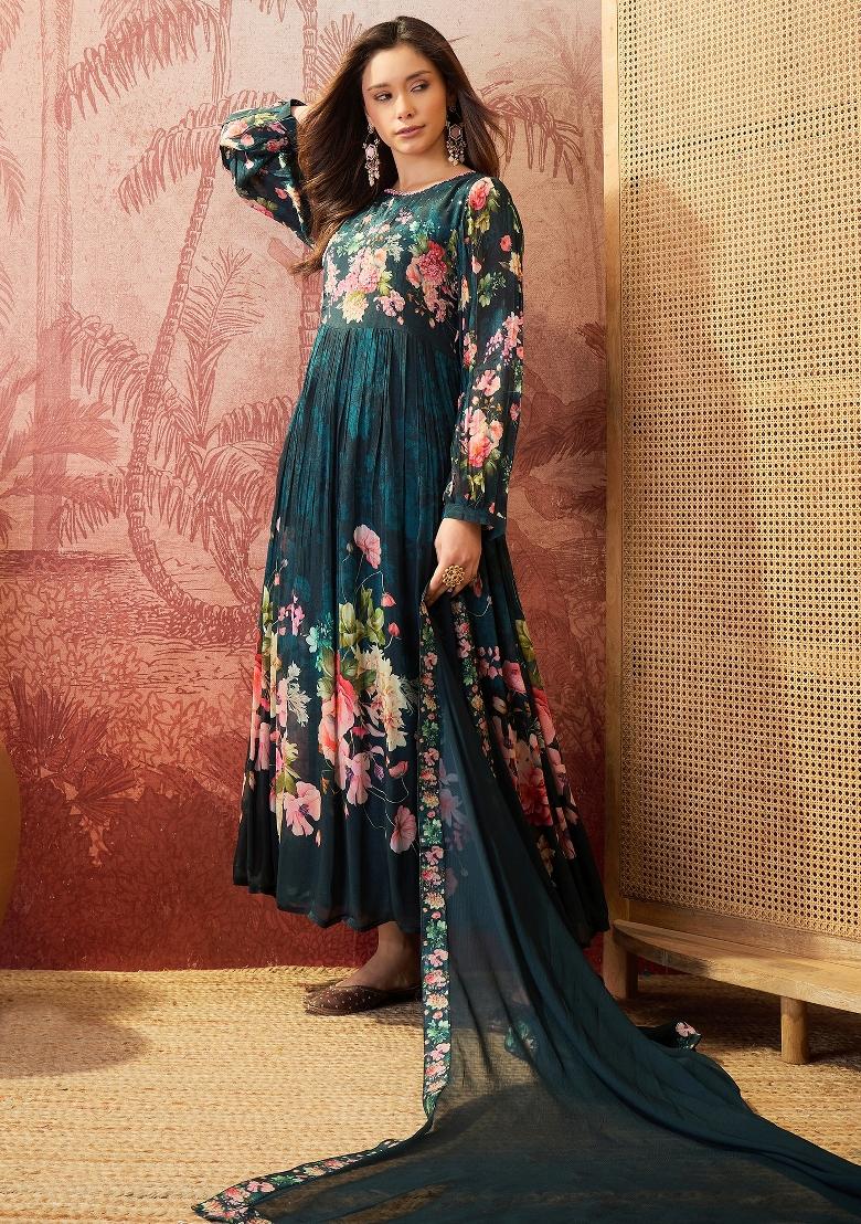 Teal Sequins Work Silk Blend Kurta Set - Indya