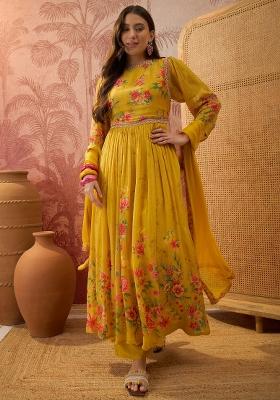 Mustard Sequins Work Silk Blend Kurta Set