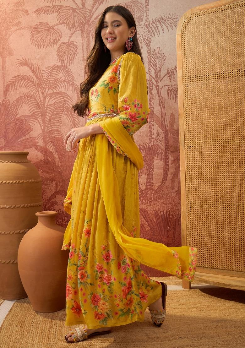 Mustard Sequins Work Silk Blend Kurta Set - Indya