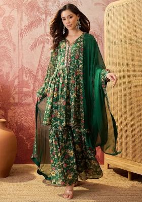 Green Sequins Work Silk Blend Kurta Set