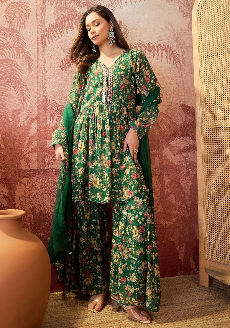 Green Sequins Work Silk Blend Kurta Set - Indya