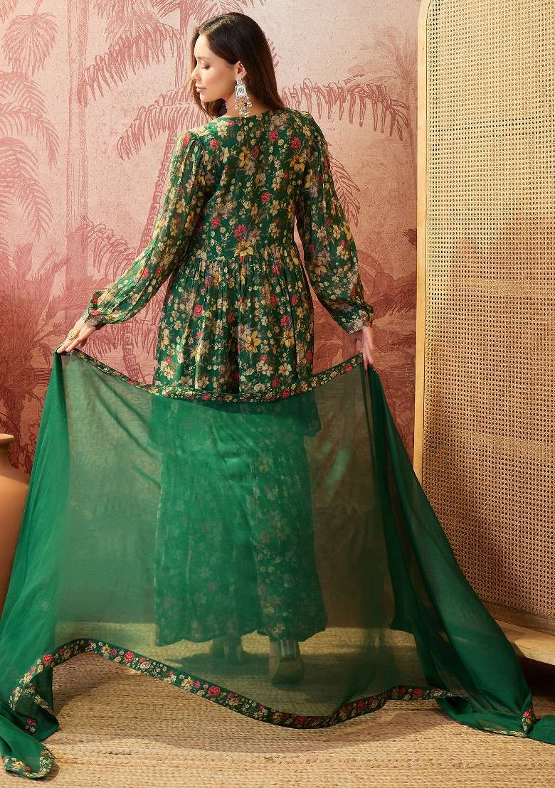 Green Sequins Work Silk Blend Kurta Set - Indya