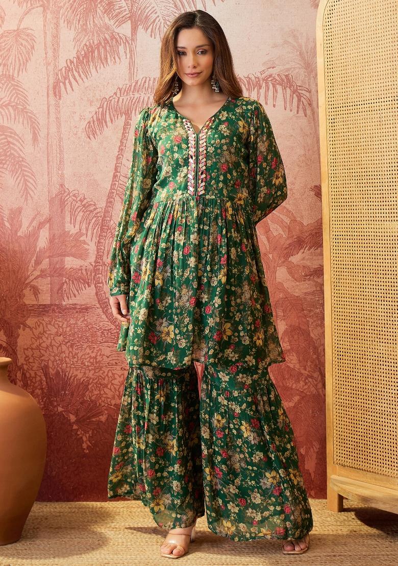 Green Sequins Work Silk Blend Kurta Set - Indya
