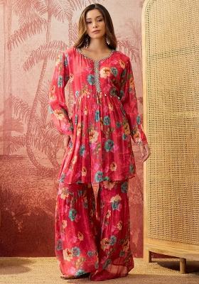 Pink Sequins Work Silk Blend Kurta Set
