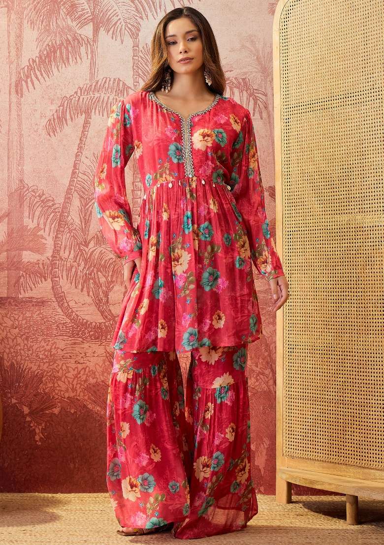 Pink Sequins Work Silk Blend Kurta Set - Indya